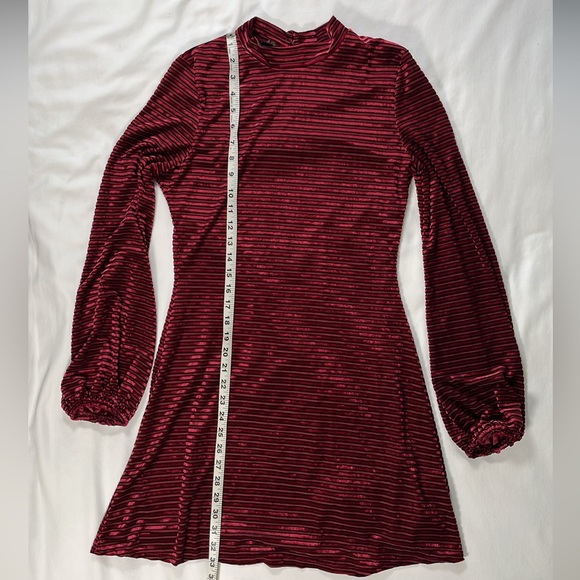 Lulus S Striped Burgundy Red Velvet Mini Dress Balloon Sleeves Keyhole Back - Picture 8 of 12